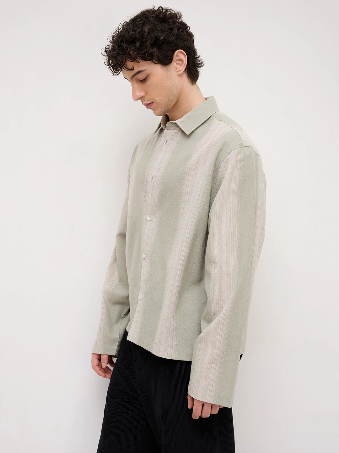 Mist Green Vertical Textured Cuffless Oversized Shirt