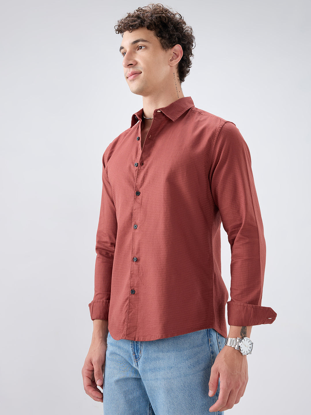 Brick Red Textured Knit Shirt