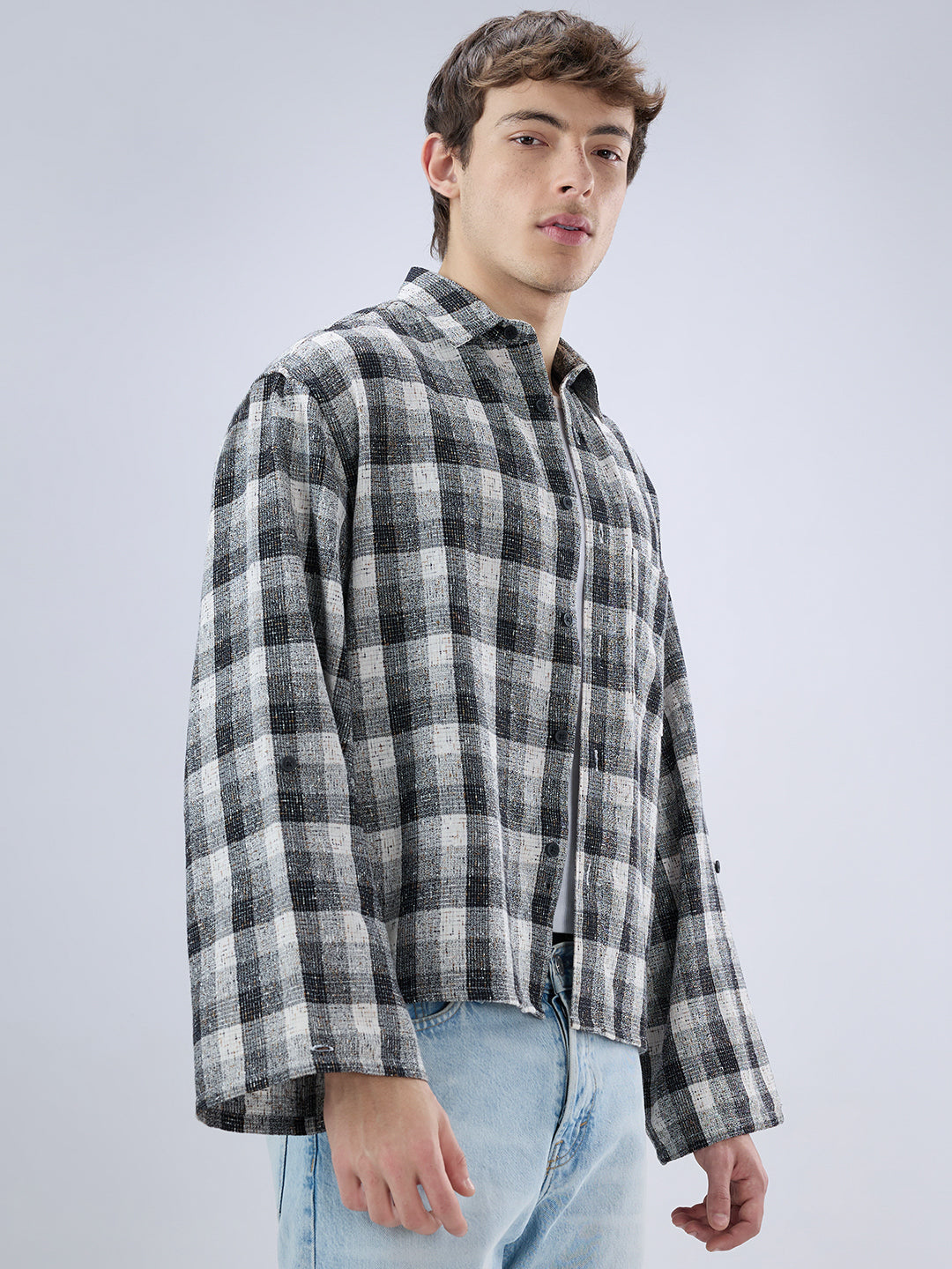 Black & White Textured Interweave Boxy Fit Crop Shirt