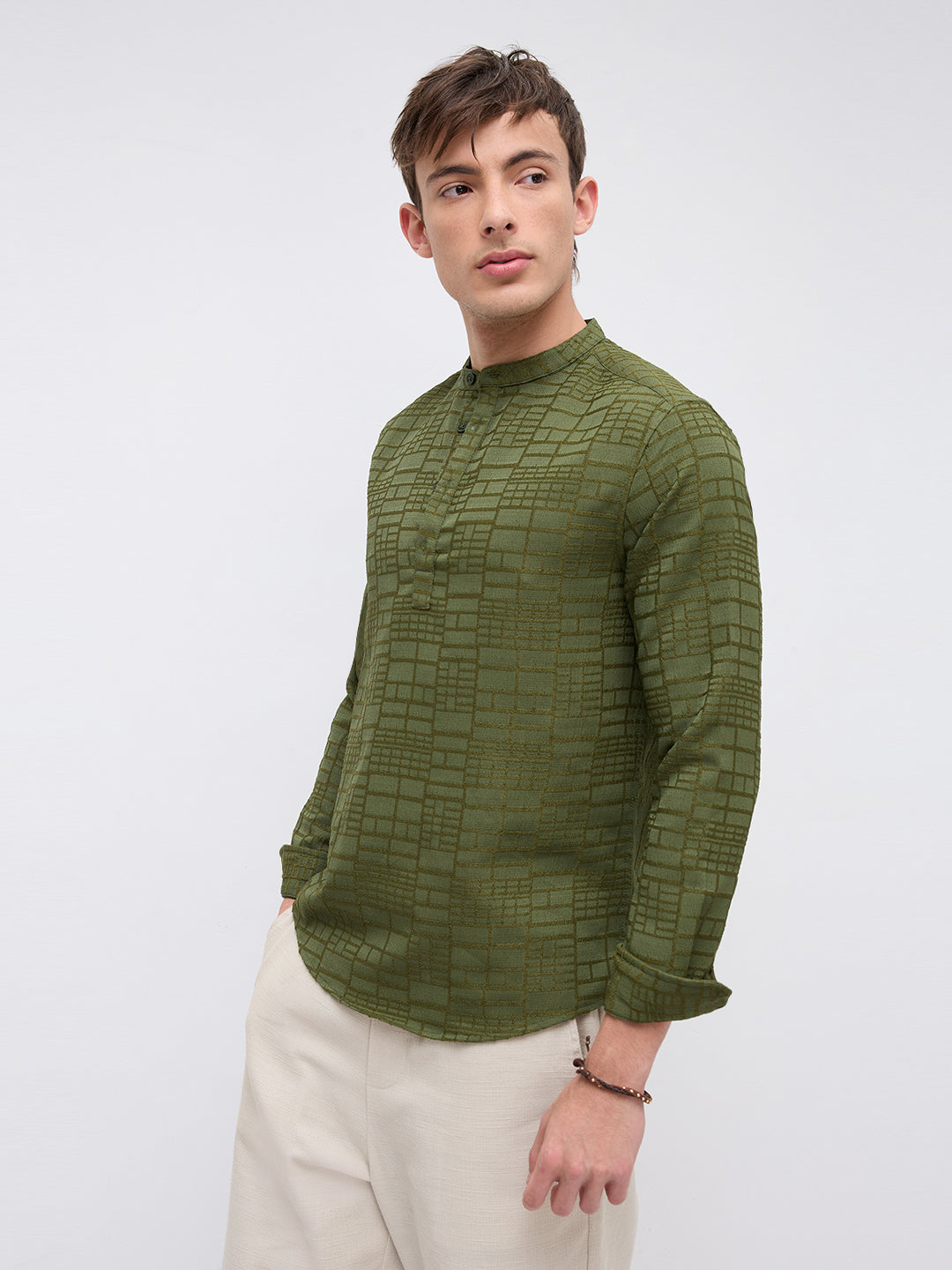 Classic Forest Green Maze Textured Kurta