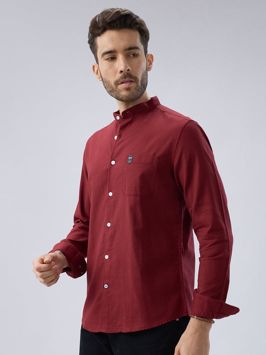 Elegant Berry Red Mandarin Collar Shirt