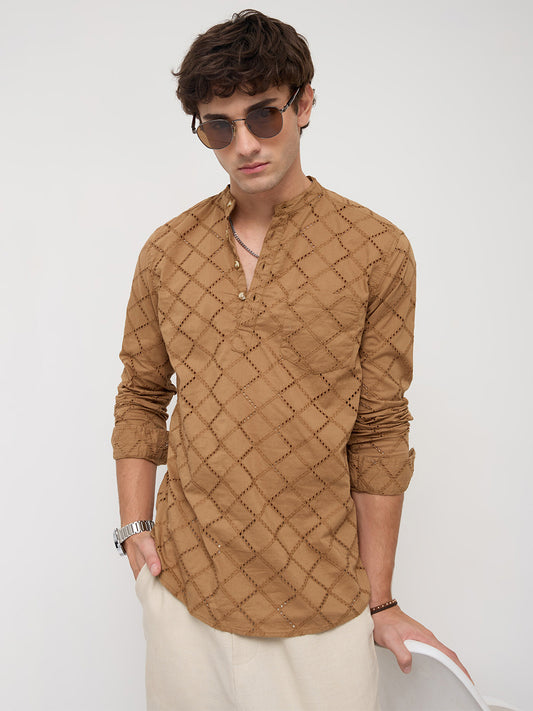 Copper Brown Diamond Embroidery Schiffli Kurta
