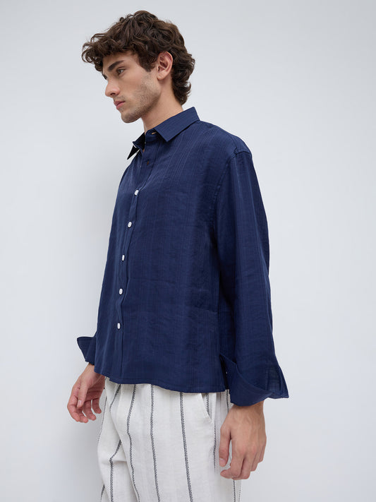 Lustre Navy Striped Weave Boxy Fit Crop Shirt