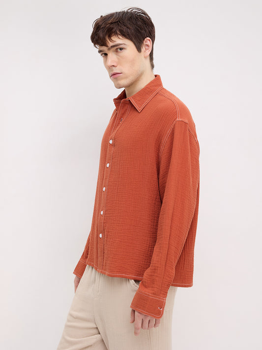 Rust Contrast Stitch Double Cloth Boxy Fit Crop Shirt