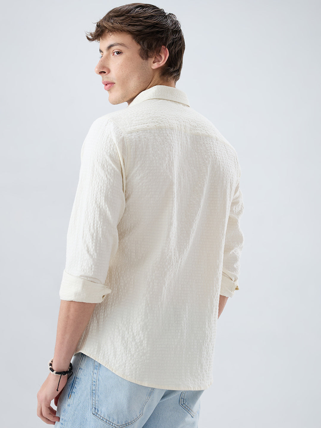 Luxe Ivory Double Coth Seersucker Box Checks Shirt