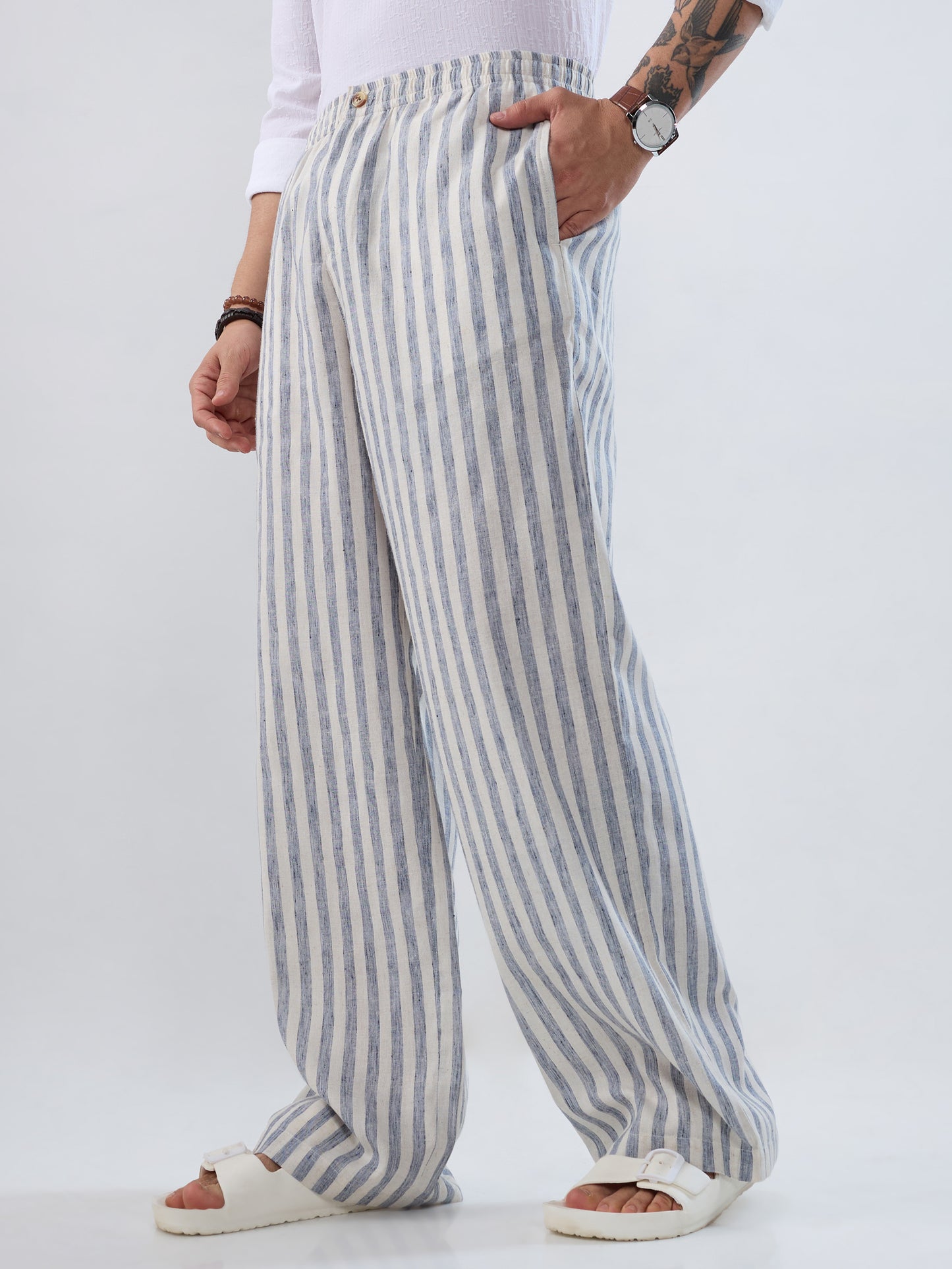 White & Navy Linen Blend Wide-Leg Trousers