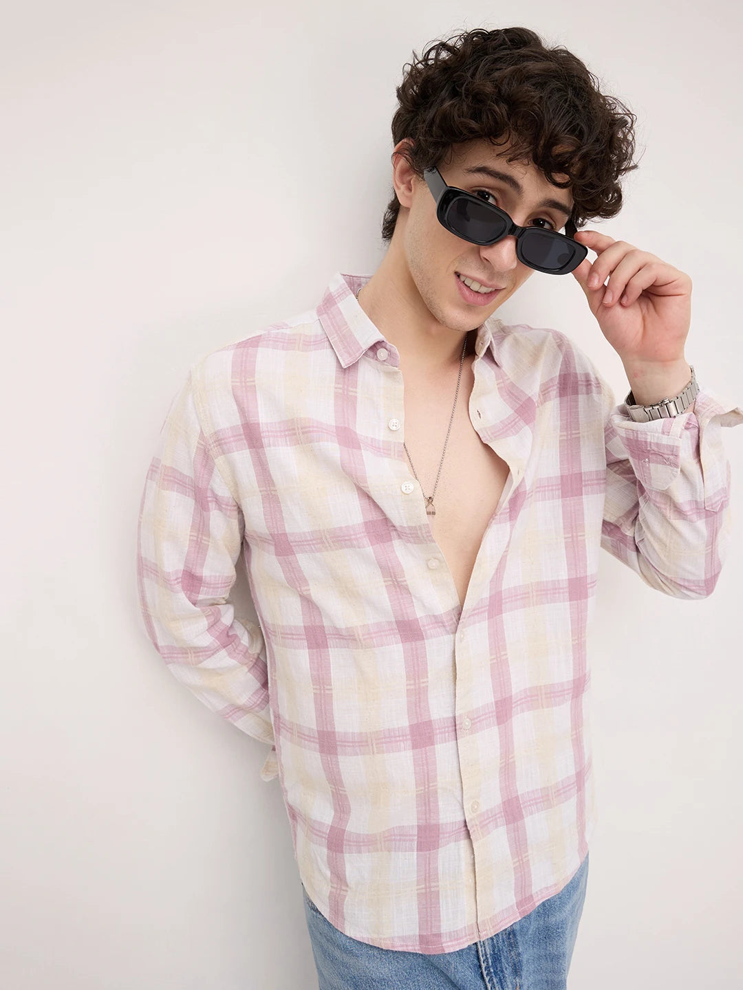 Soft Pink Fine Weave Plaid Checks Shirt