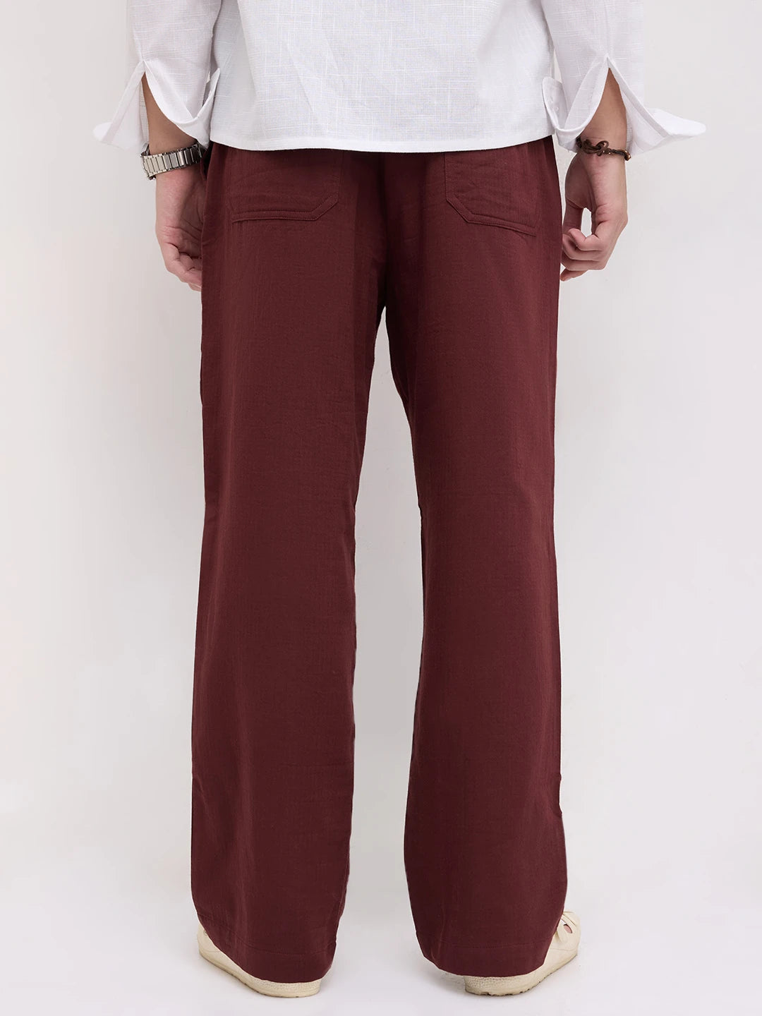 Maroon Herringbone Textured Straight Fit Trousers