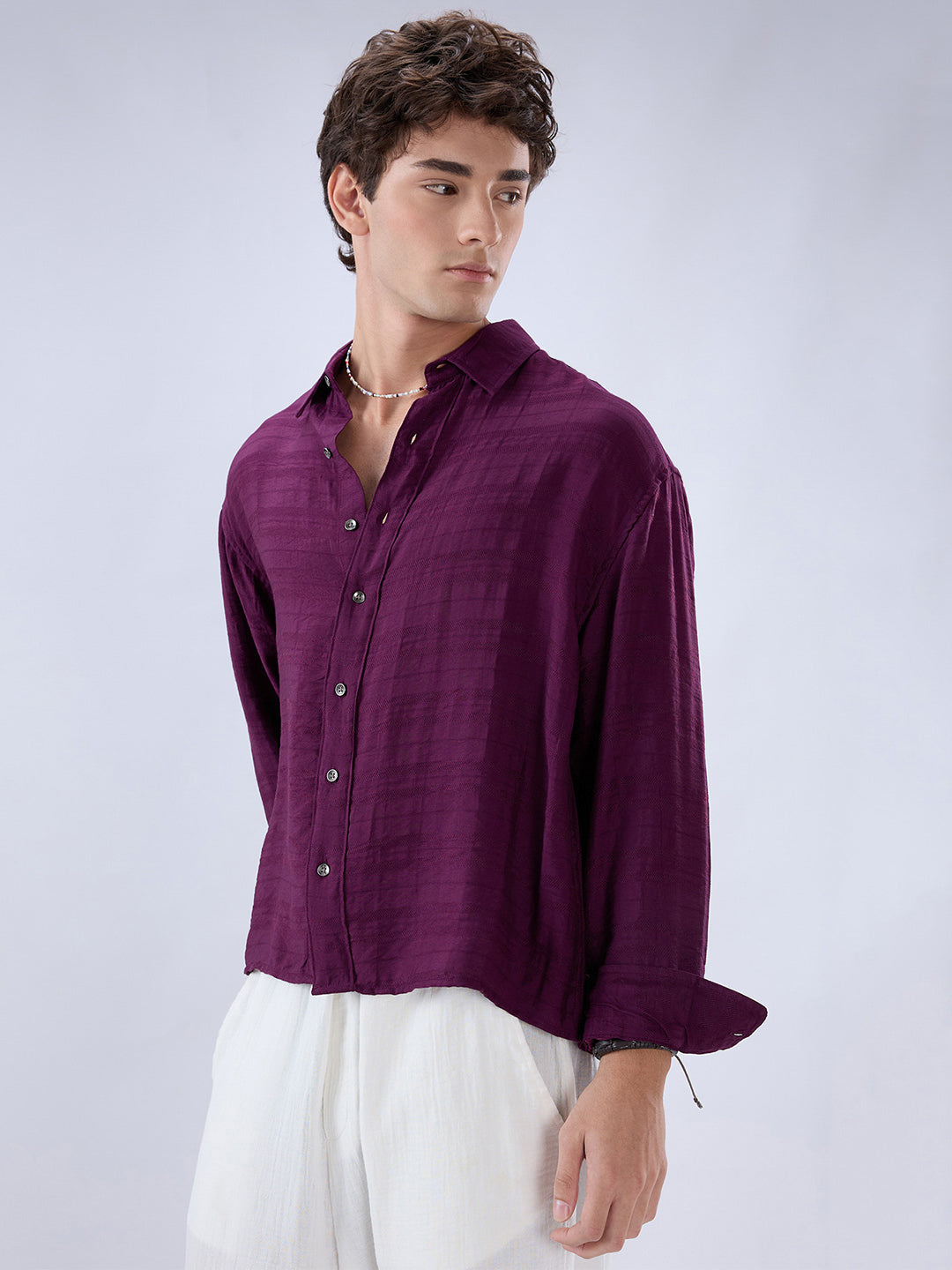 Deep Wine Horizontal Textured Oversized Crop Shirt