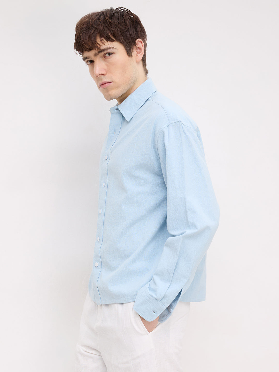 Refreshing Aqua Blue Solid Boxy Fit Crop Shirt