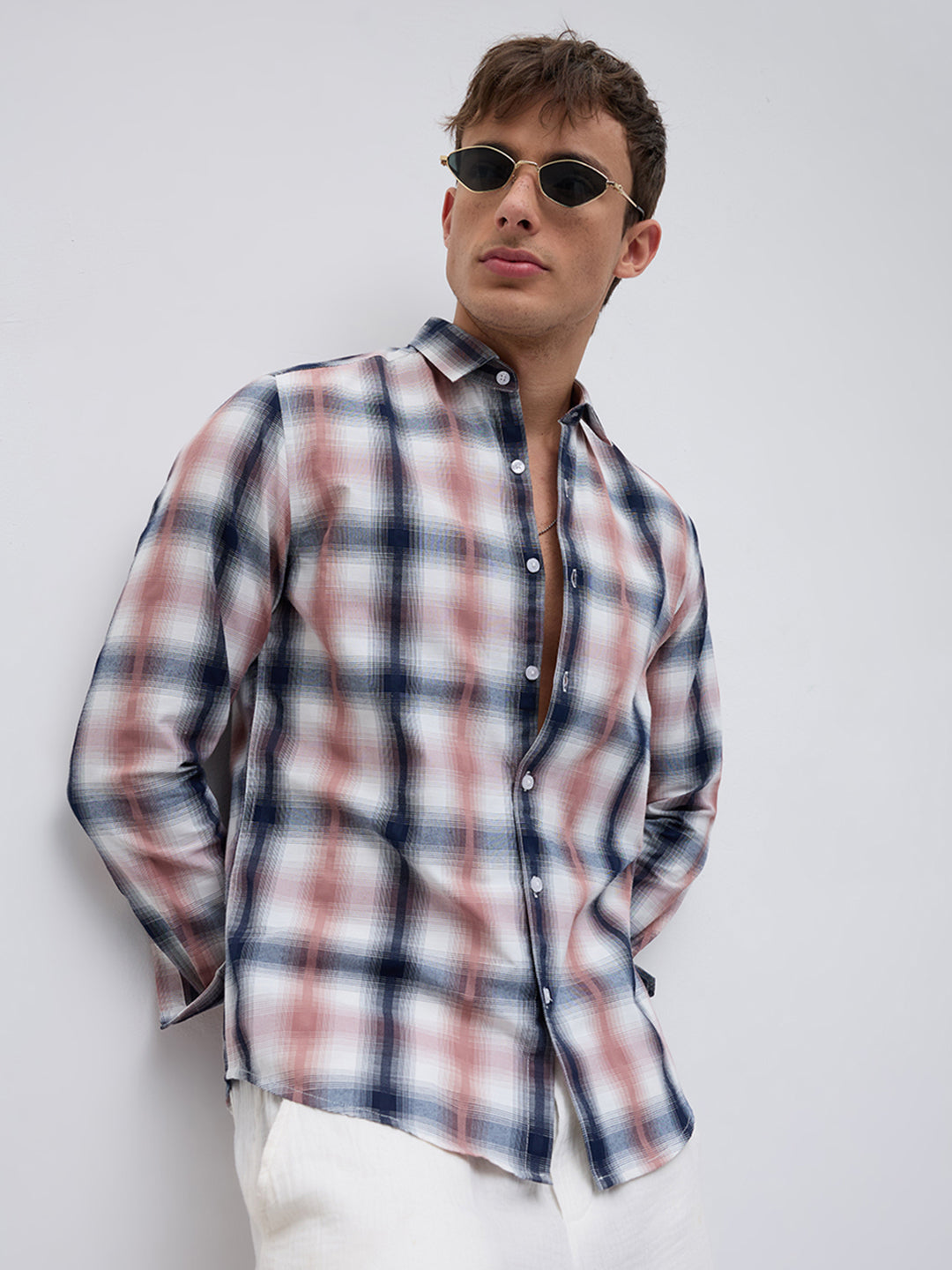 Premium Navy & Pink Textured Plaid Checks Shirt