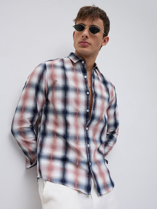 Premium Navy & Pink Textured Plaid Checks Shirt
