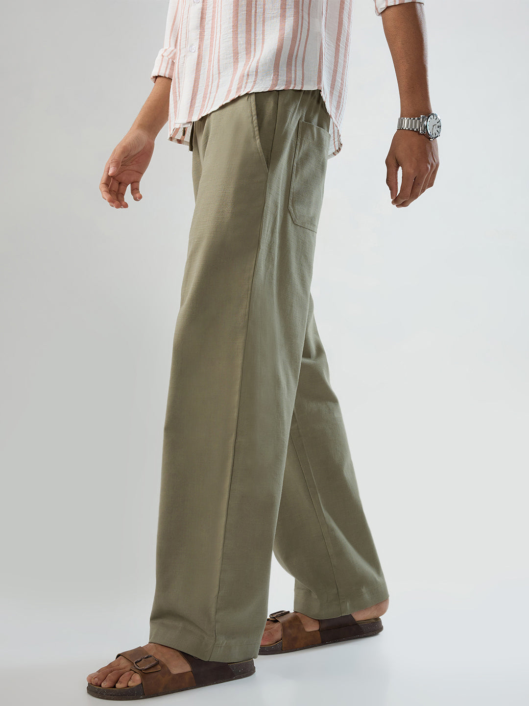 Olive Subtle HerrigboneTextured Straight-Fit Trousers
