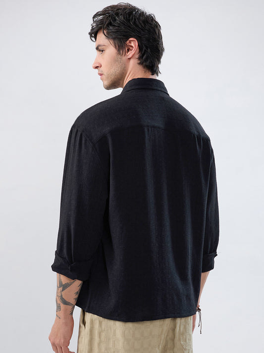 Timeless Black Subtle Textured Boxy Fit Crop Shirt