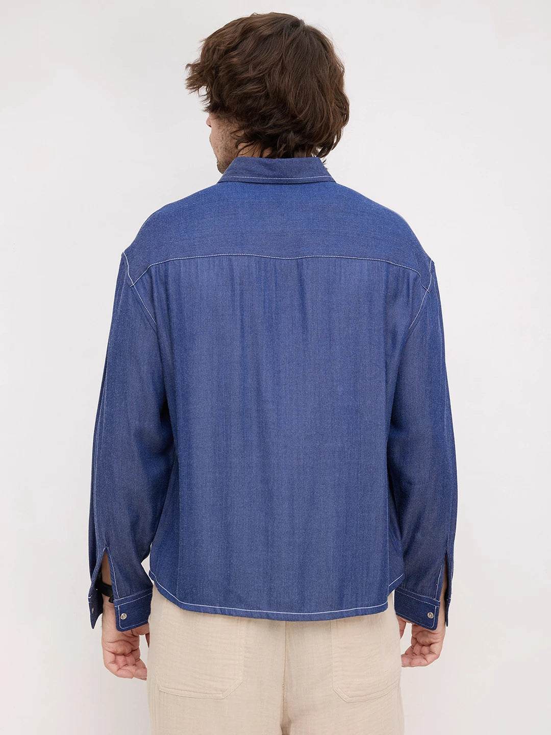 Navy Soft Sheen Woven Contrast Stitch Boxy Fit Crop Shirt