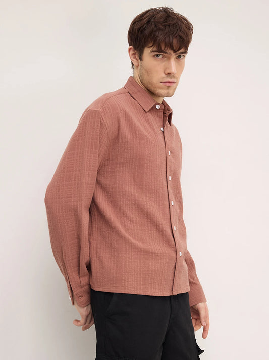 Rust Chestnut Brown Double Cloth Boxy Fit Crop Shirt