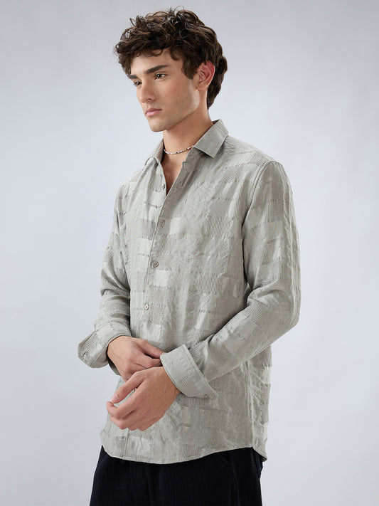 Grey Block Checks Motif Embossed Shirt