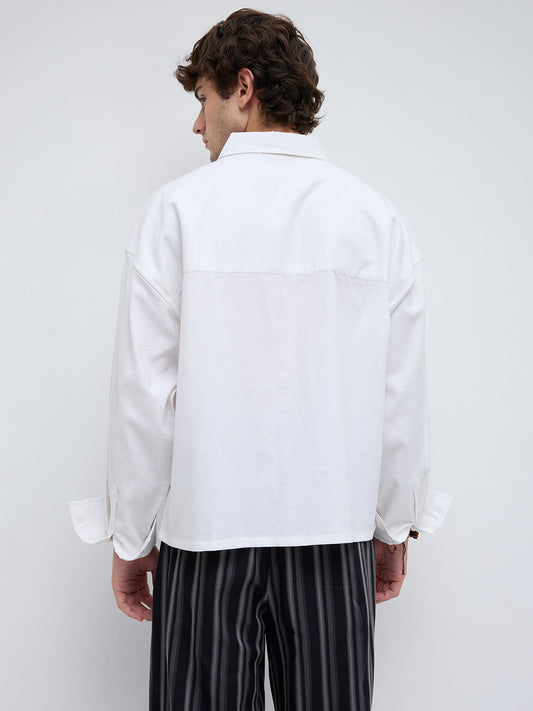 Essential White Crop Boxy Fit Linen Blend Utility Shirt