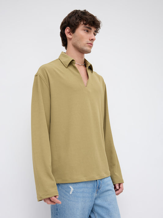 Soft Olive Oversized Knitted Polo Shirt