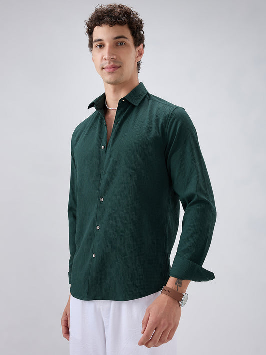 Deep Forest Green Minimal Weave Crinkled Shirt