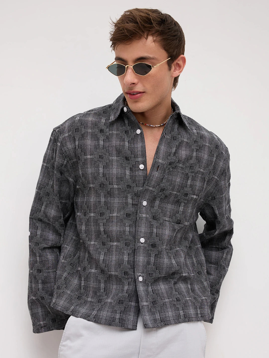 Monochrome Glitch Micro Check Matrix Cuffless Oversized Crop Shirt