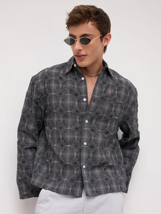 Monochrome Glitch Micro Check Matrix Cuffless Oversized Crop Shirt