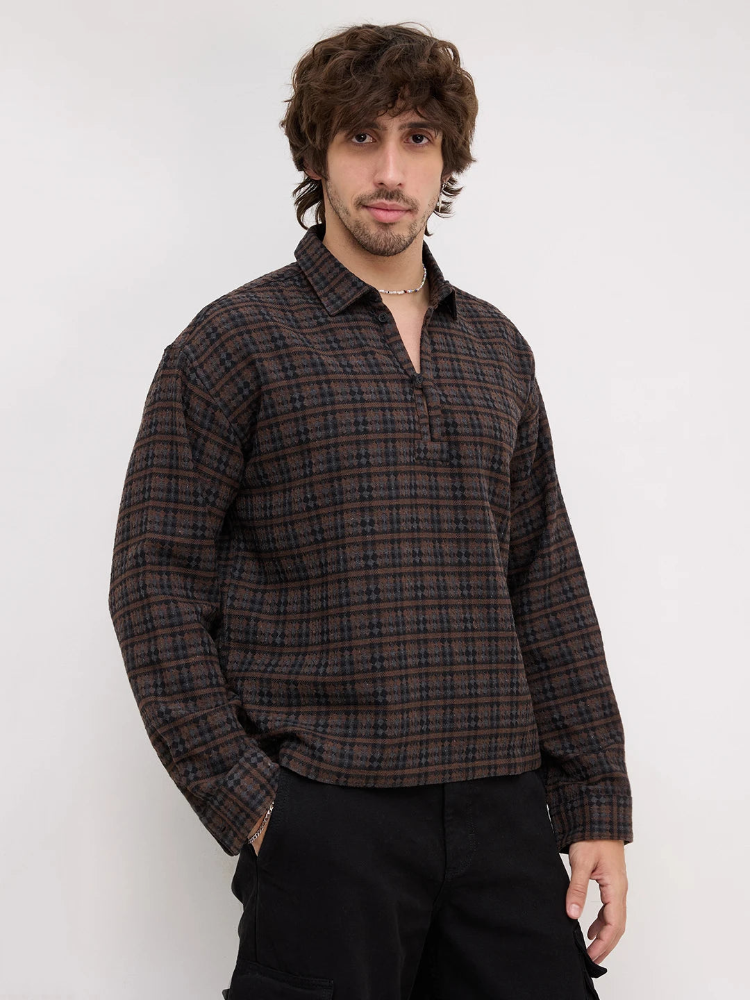 Luxe Brown Motif Panelled Loop Button Oversized Flannel Shirt
