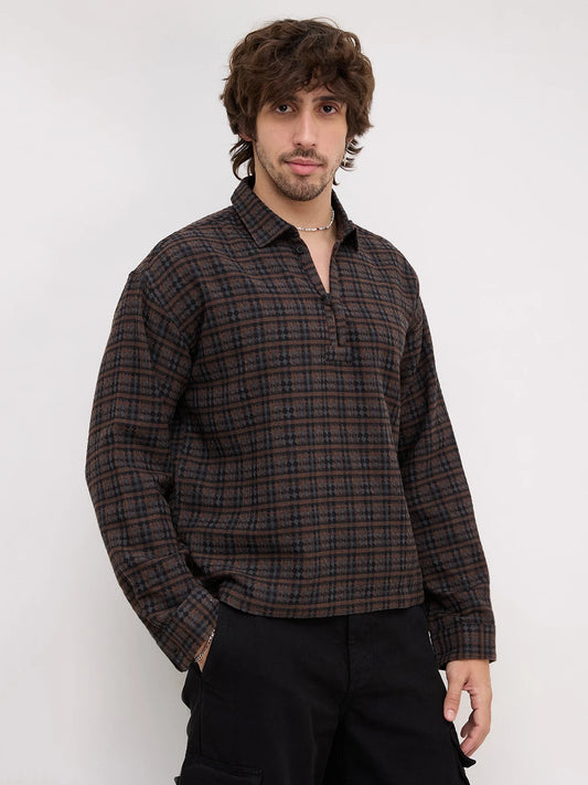Luxe Brown Motif Panelled Loop Button Oversized Flannel Shirt