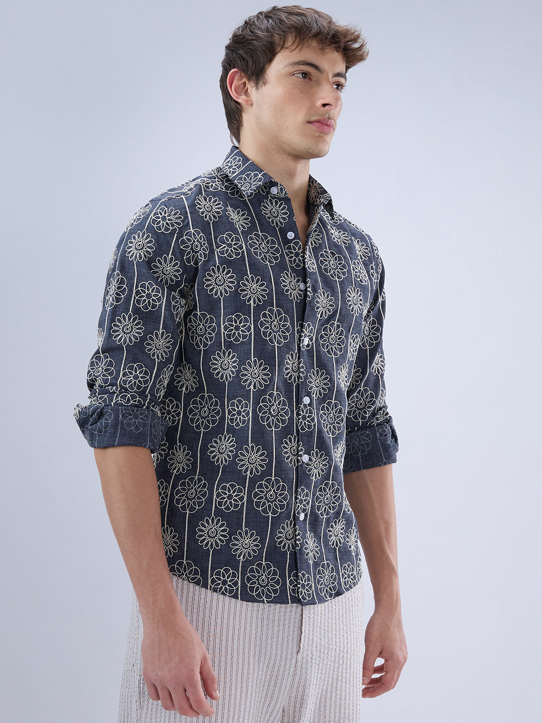 Anchor Grey Floral Embroidered Slub Shirt