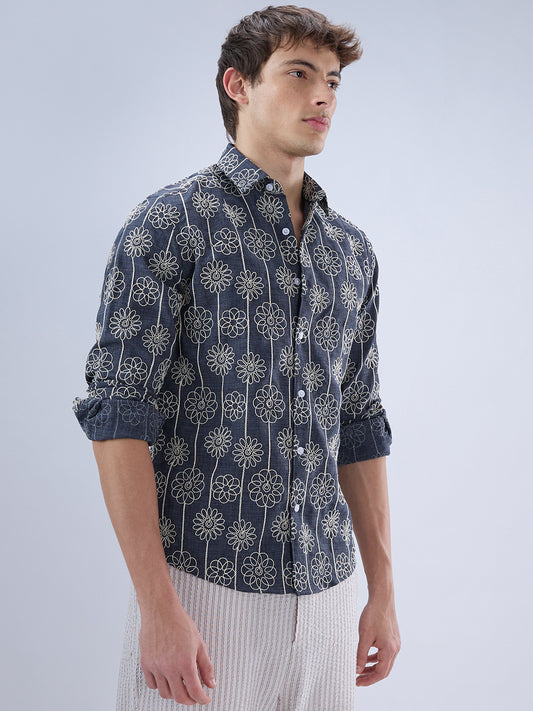 Anchor Grey Floral Embroidered Slub Shirt