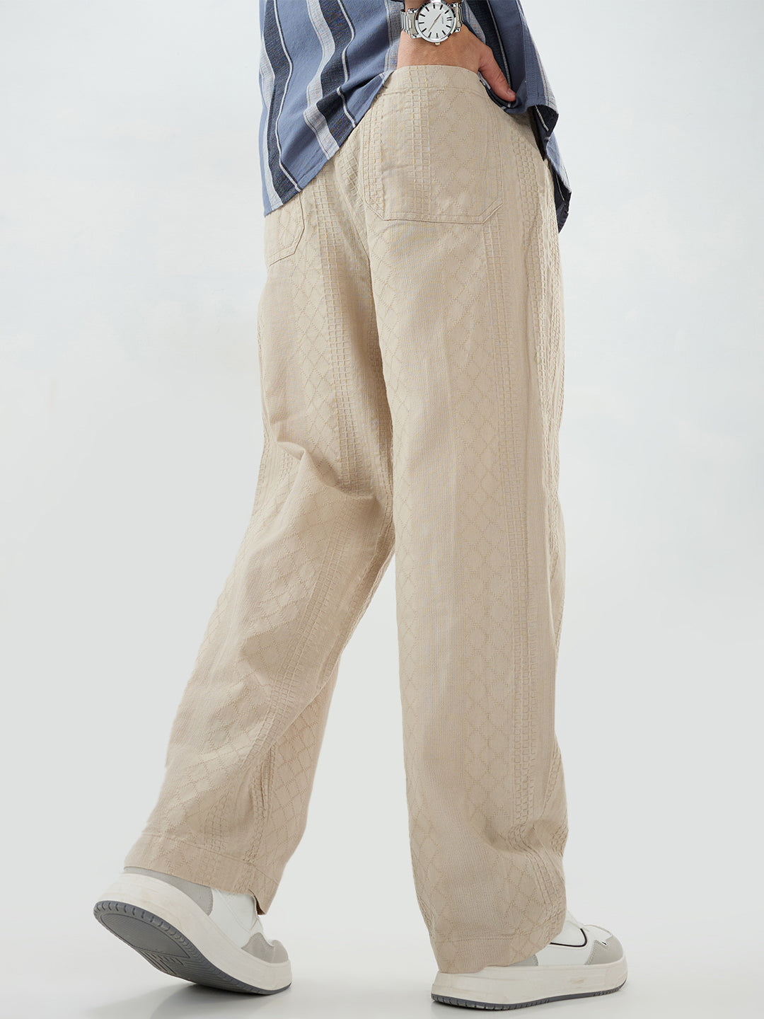 Sand Beige Waffle Textured Straight-Fit Trousers
