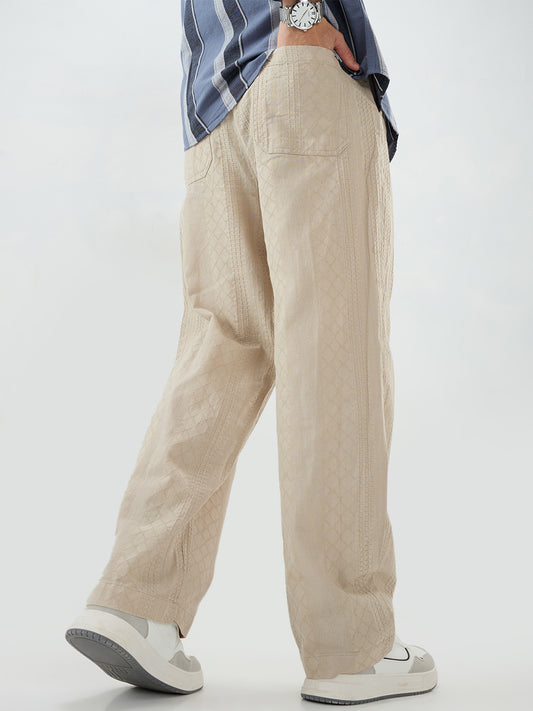 Sand Beige Waffle Textured Straight-Fit Trousers