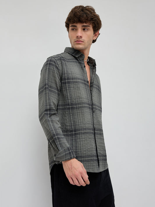 Olive & Black Plaid Checks Textured Shirt