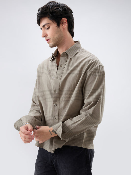 Olive Horizontal Striped Boxy Fit Crop Shirt