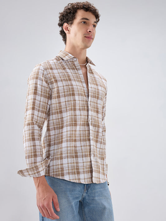 Walnut Brown Plaid Checks Textured Shirt