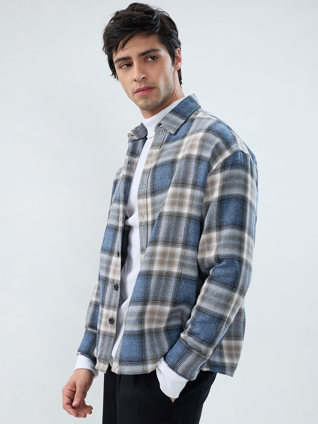 Aegean Blue Checkered Boxy Fit Crop Shirt