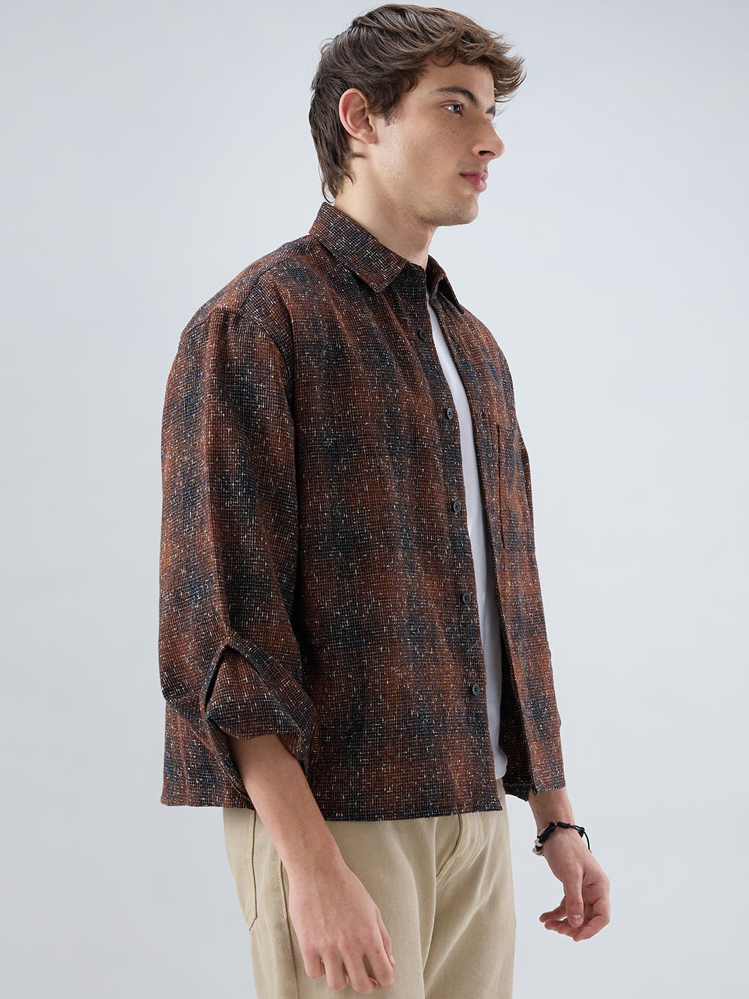 Sanjh Shaam Glossy Brown Textured Cuffless Oversized Crop Shirt