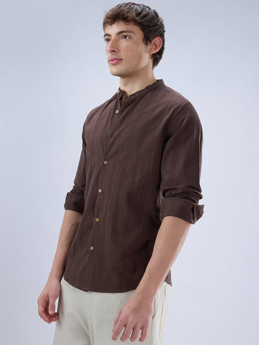 Chocolate Brown Seersucker Striped Mandarin Shirt