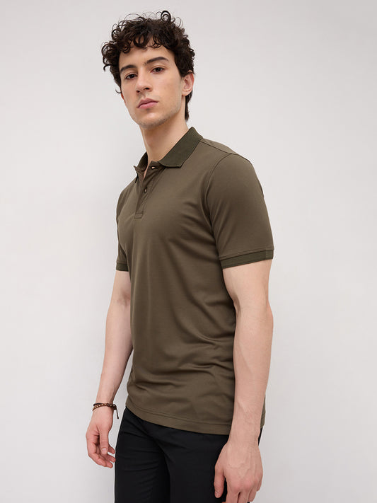 Plush Olive Honeycomb Polo Collar Knit T-Shirt