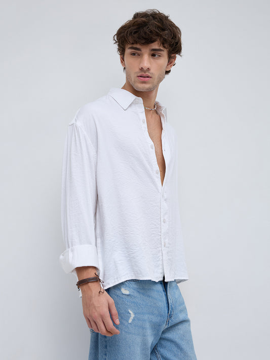 Soft Snow White Crinkled Boxy Fit Crop Shirt