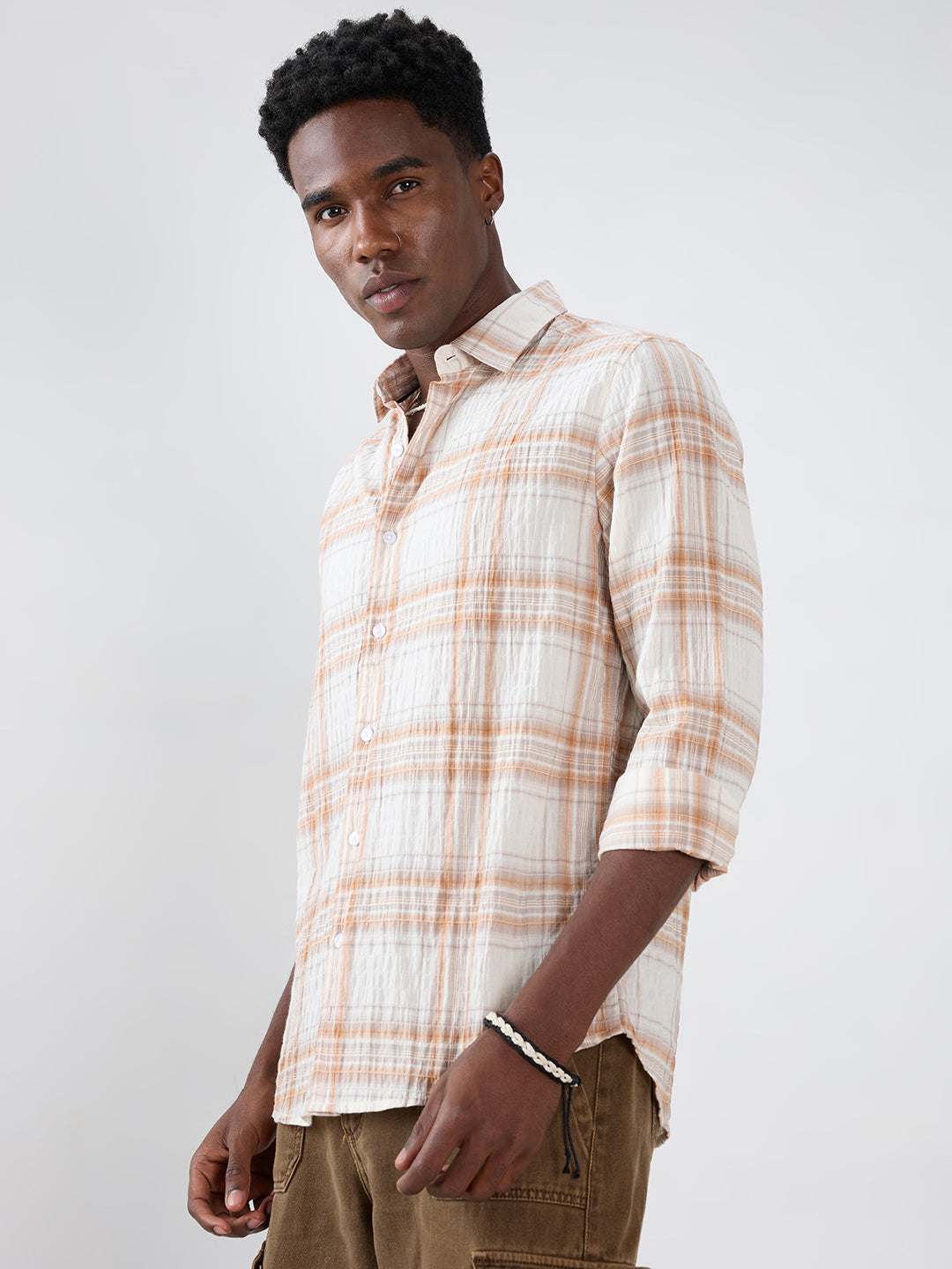 White & Brown Plaid Checks Crinkled Shirt