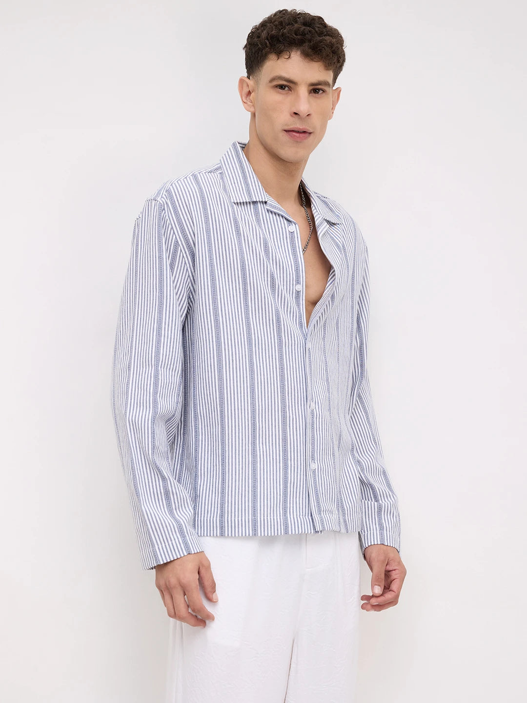 Luxe Blue Candy Striped Notch Collar Oversized Shirt
