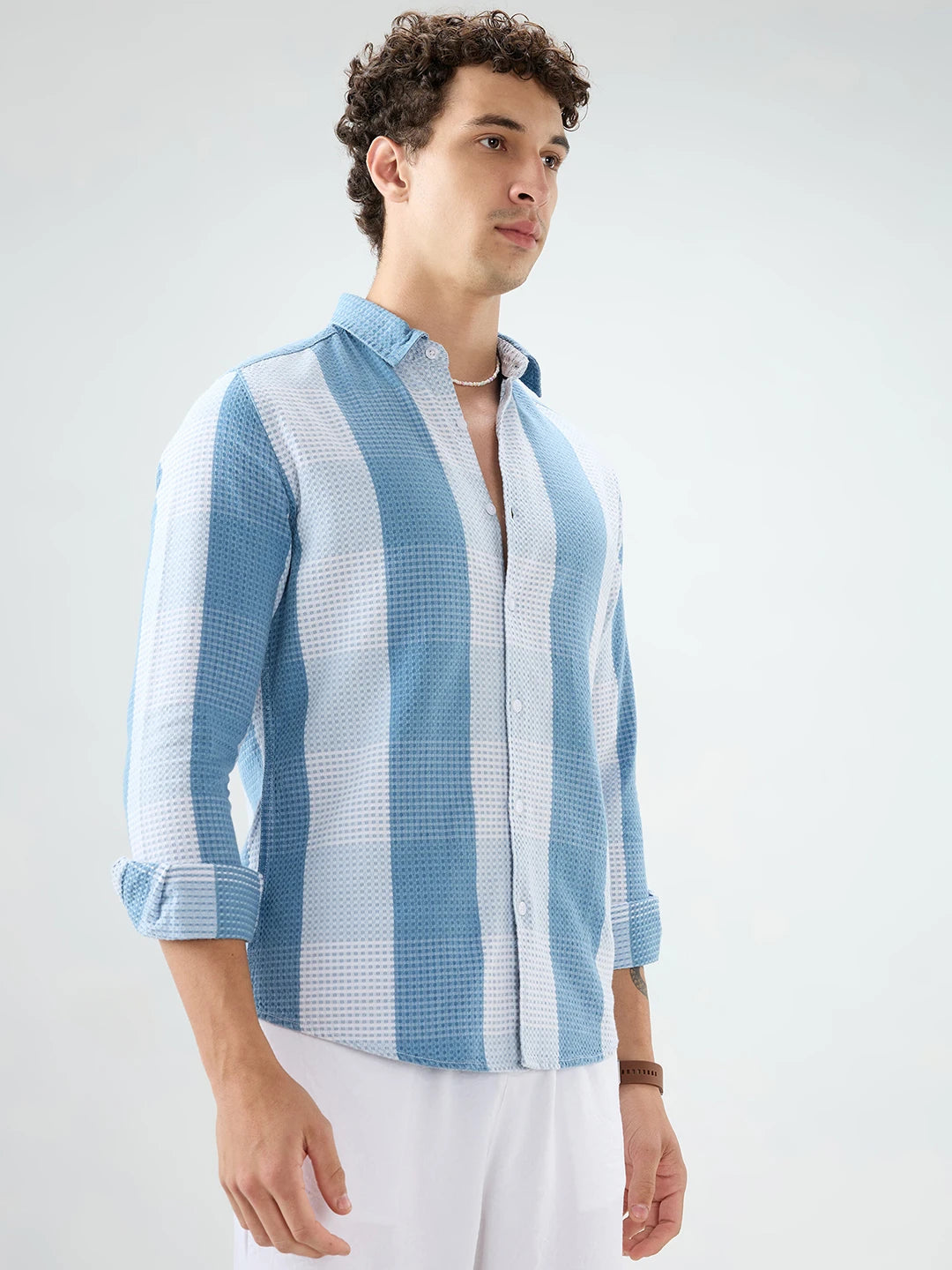 Denim Blue & White Micro Striped Weave Striped Shirt