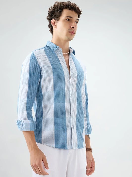 Denim Blue & White Micro Striped Weave Striped Shirt