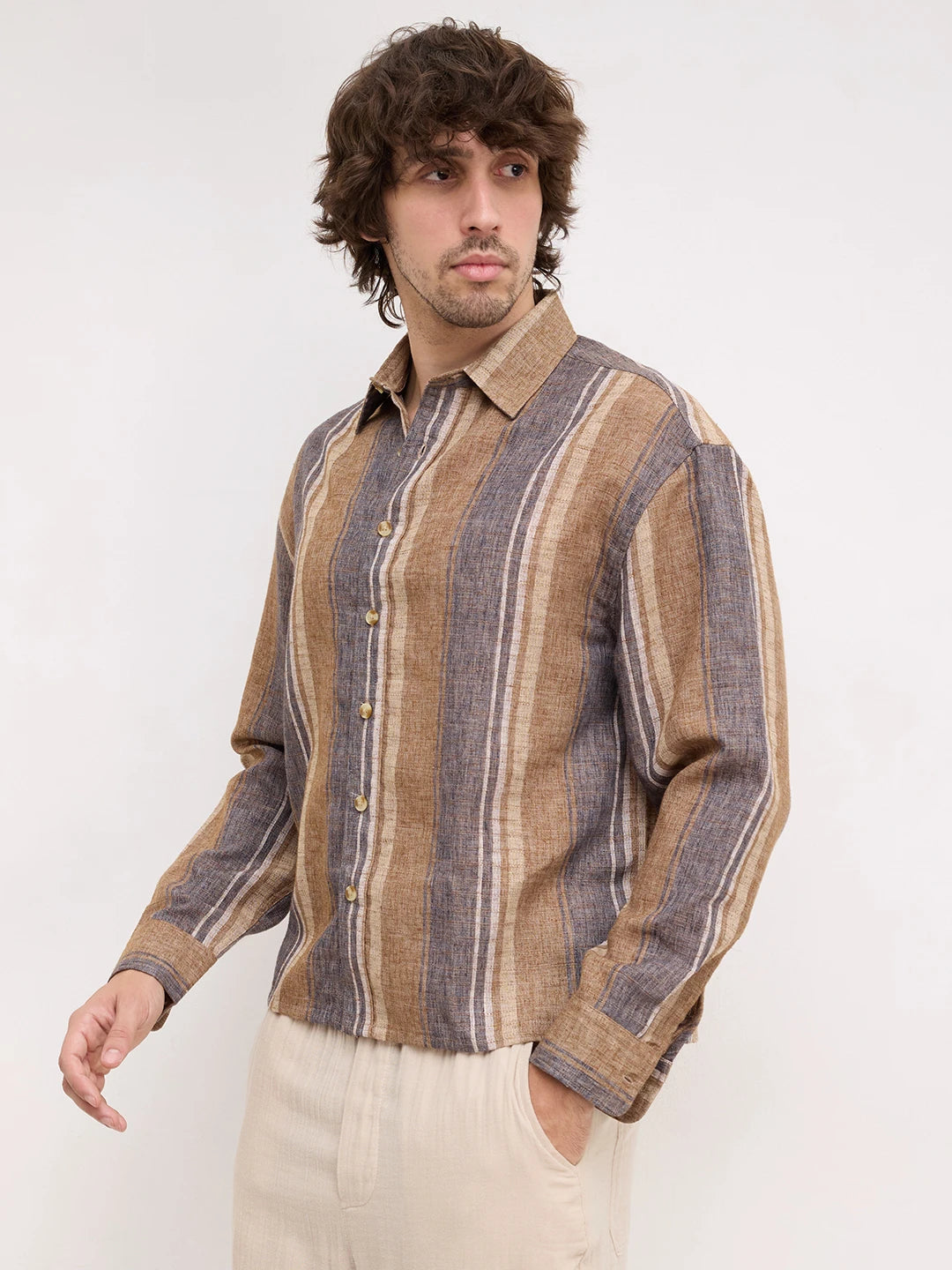 Earthy Brown & Navy Textured Striped Boxy Fit Crop Shirt