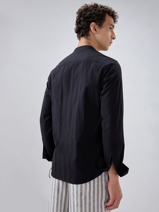 Jet Black Seersucker Striped Mandarin Shirt
