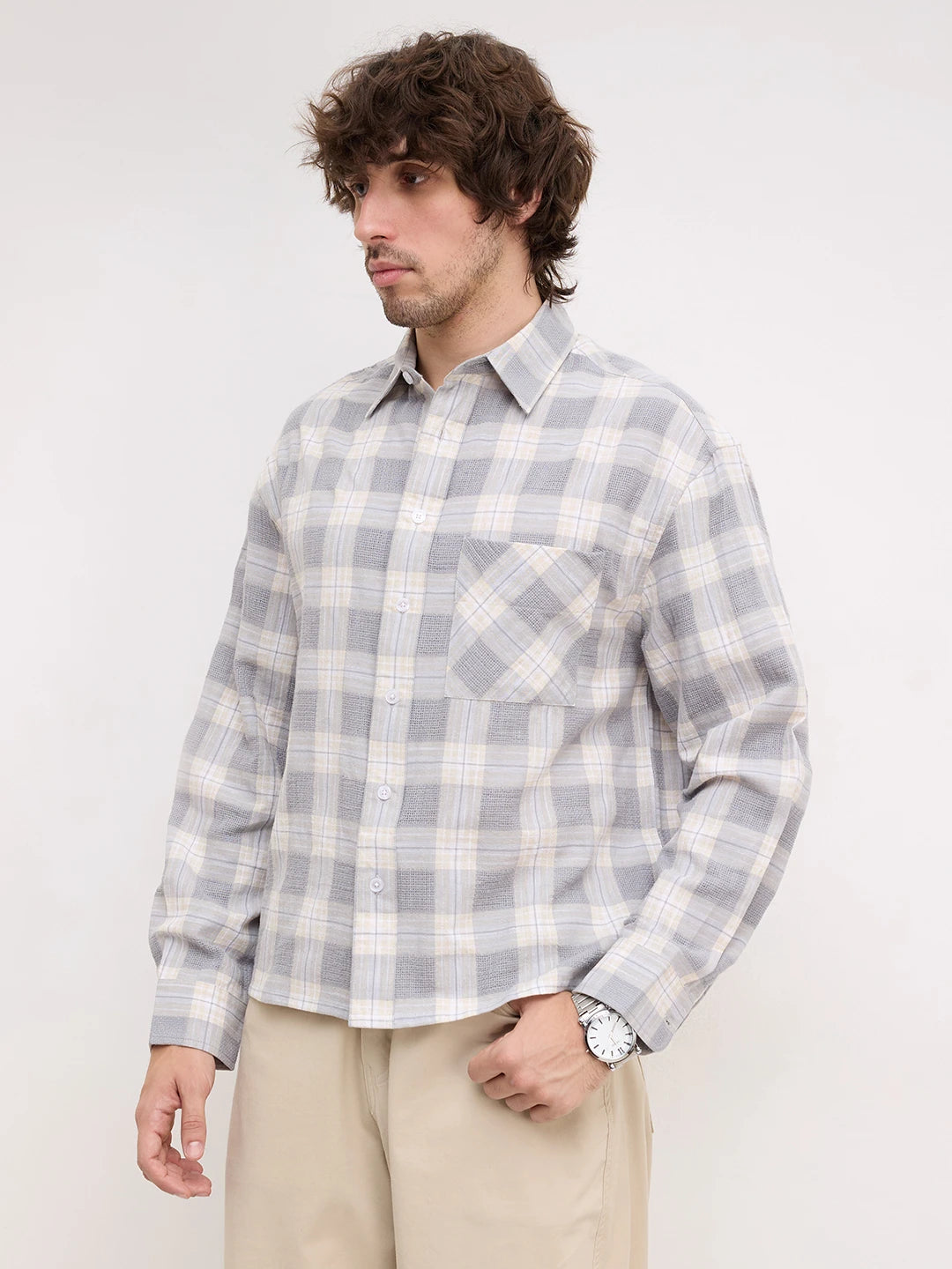 Grey & Beige Structured Check Weave Boxy Fit Crop Shirt