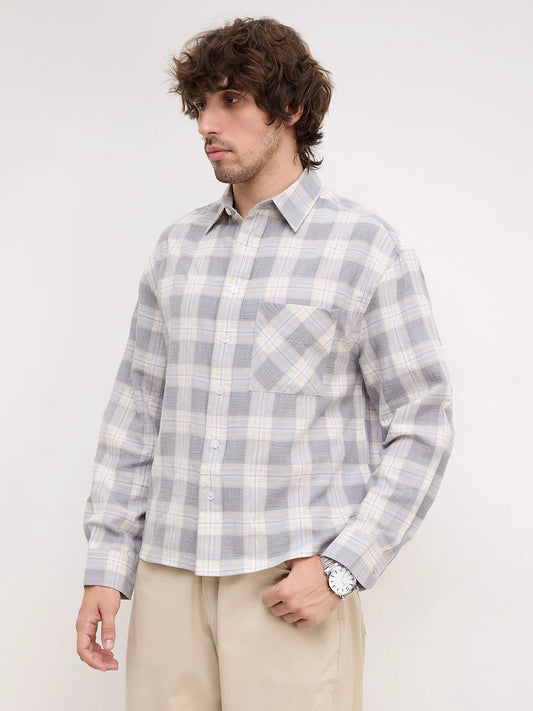 Grey & Beige Structured Check Weave Boxy Fit Crop Shirt