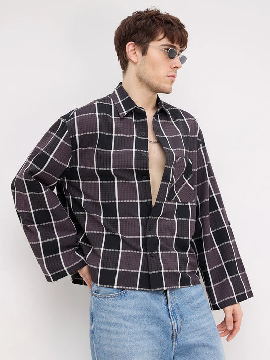 Artisan Esspresso Brown Square Checks Cuffless Oversized Crop Shirt