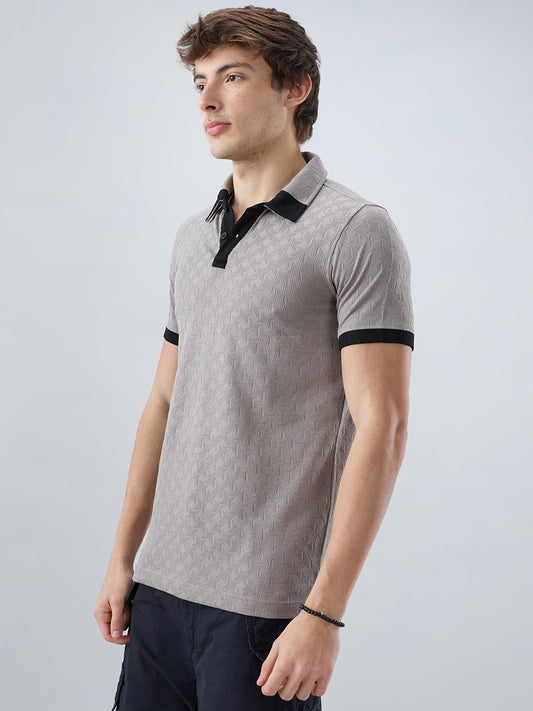 Shadow Grey Textured Contrast Polo Neck Knit T-shirt